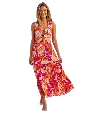 Blue Island Tropical Leaf Ring-Detail Maxi Cover-Up Small